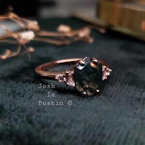 Moss Agate 7*10MM diamond ring in rose gold over sterling silver